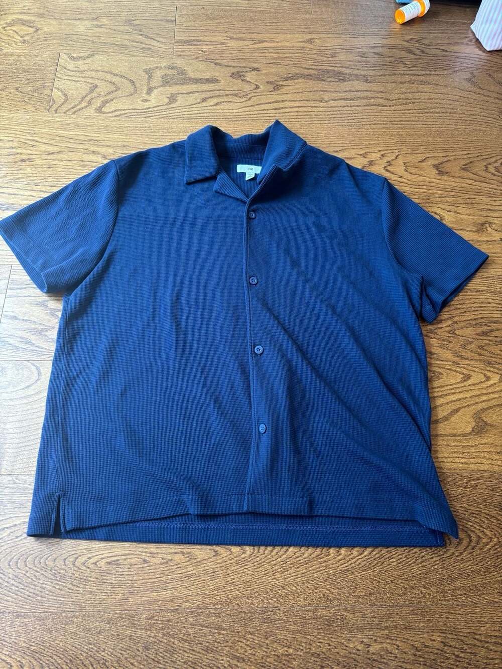 BP. Men's Navy Blue Waffle Knit Short Sleeve Camp Collar Shirt